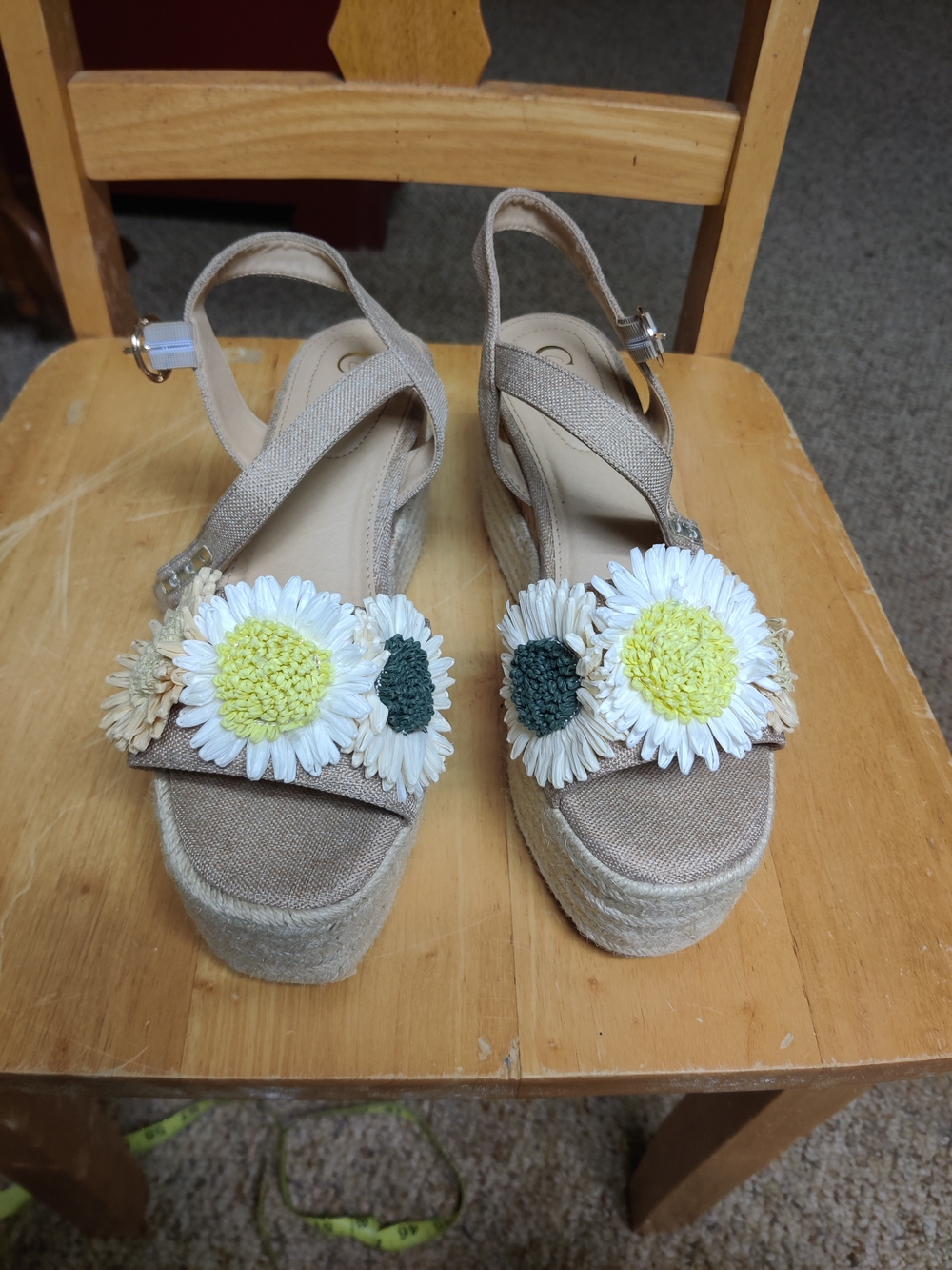 Comfort Wedge Sandals with Daisy Embellishment - Beige, 8W